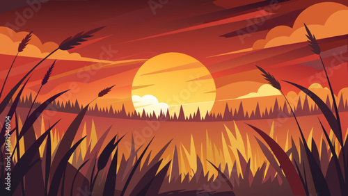 Vector art of a serene sunset over a grassy field, with the warm light of the sun painting the sky in hues of orange and gold, creating a peaceful landscape
