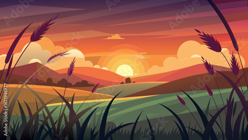 Vector art of a picturesque sunset over rolling hills and a grassy field, with the sun casting a warm glow on the landscape, creating a peaceful and serene scene