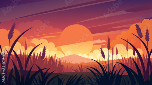 Vector art of a picturesque sunset landscape featuring a vibrant sky, golden sun, and lush field, evoking a sense of tranquility and natural beauty