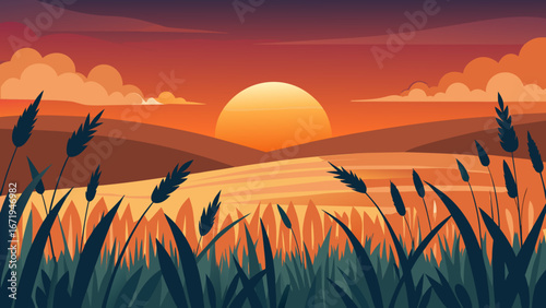 Vector art of a captivating sunset landscape featuring rolling hills, a radiant sun, and vibrant grass, creating a peaceful and picturesque countryside scene