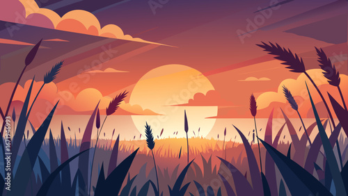 Vector art of a scenic sunset landscape with a golden sun setting over a field of grass, creating a tranquil and peaceful atmosphere in natures embrace