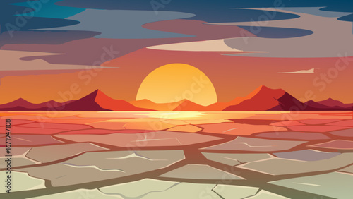 Vector art of a captivating desert landscape at sunset, showcasing cracked earth reflecting the warm hues of the sky and mountains silhouetted against the setting sun