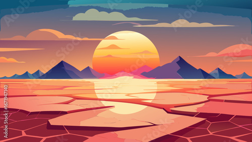 Vector art of a breathtaking sunset over a serene landscape with mountains, reflecting in the tranquil water, creating a peaceful and romantic atmosphere