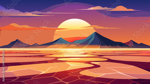 Vector art of a captivating sunset paints the sky with vibrant colors over a mountainous landscape, mirrored in the calm water, evoking a sense of peace