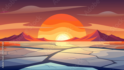 Vector art of a breathtaking sunset landscape with mountains reflecting in the cracked ice water, creating a serene and picturesque scene at dusk