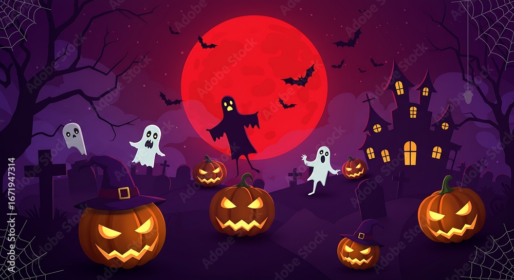 Fototapeta premium Halloween Night Scene with Spooky Ghosts Pumpkins Bats Haunted House and Full Moon