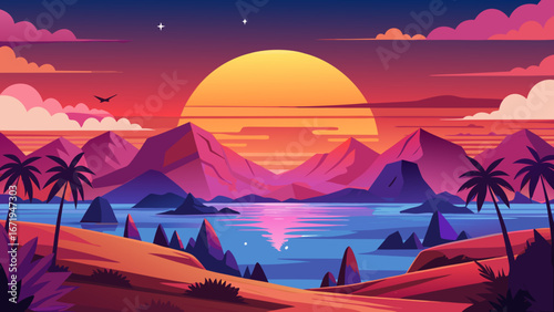 Vector art of vibrant tropical sunset landscape featuring palm trees, mountains, and a serene sea, creating a tranquil and idyllic paradise scene