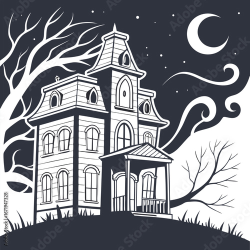Creepy House Vector – Stylized Halloween Night Art

