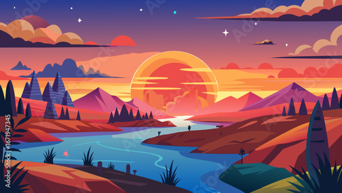 Vector art of colorful sunset landscape with a winding river, mountains, and lush vegetation, creating a serene and idyllic natural scene