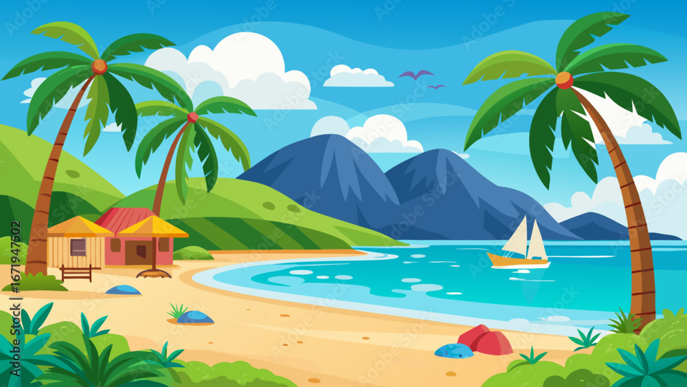 Obraz premium Vector art of idyllic tropical beach landscape with palm trees, mountains, and a sailboat on the sea, perfect for a summer vacation getaway