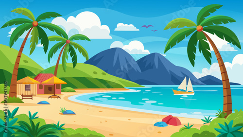 Vector art of idyllic tropical beach landscape with palm trees, mountains, and a sailboat on the sea, perfect for a summer vacation getaway
