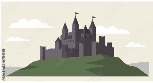 Castle Stands Tall on Hilltop, with Clouds Floating in the Sky Above