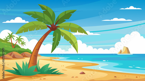 Vector art of a serene tropical beach with a palm tree, turquoise sea, and blue sky, perfect for a relaxing summer vacation and idyllic getaway