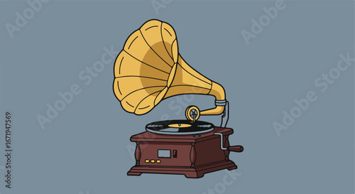 Gramophone Plays Vinyl Record on Wooden Base Against Grey Background