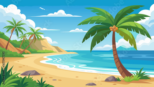 Vector art of a serene tropical beach with palm trees, clear blue water, and sandy shore, ideal for summer vacation and relaxation, offering a picturesque travel destination