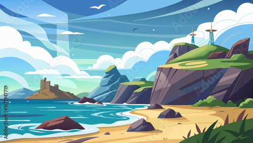 Vector art of a colorful vector illustration of a scenic coastline with cliffs, islands, and a sandy beach, creating a tranquil and inviting atmosphere for travel