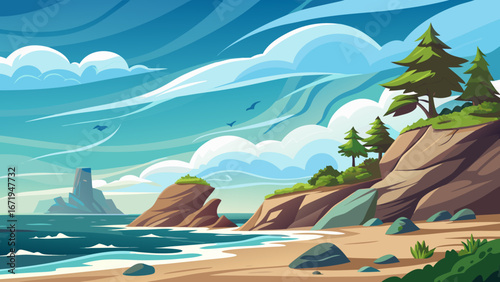 Vector art of a vibrant vector illustration of a coastal landscape featuring cliffs, trees, and a sandy beach, evoking a sense of peacefulness and natural beauty