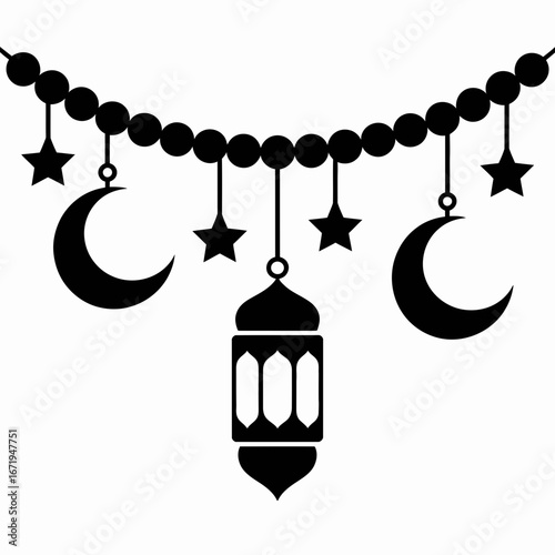 Islamic crescent moon stars and lantern decorative garland silhouette isolated on white background