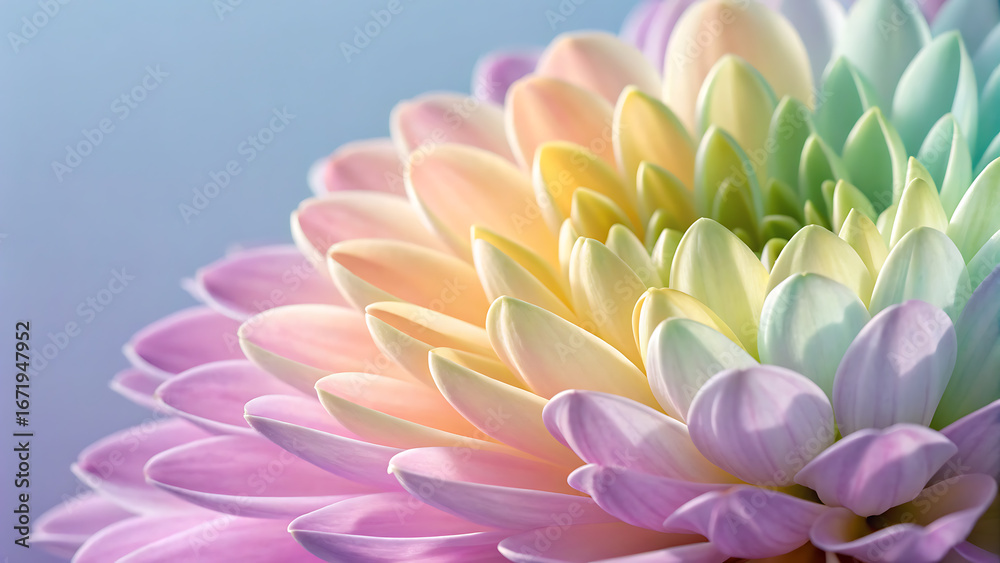 Obraz premium Vibrant rainbow chrysanthemum petals displaying a spectrum of soft pastel colors