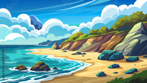 Vector art of a vibrant coastal vista featuring a sandy beach, turquoise water, and lush cliffs under a cloudy sky, capturing the essence of a perfect getaway