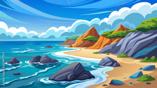 Vector art of a vibrant tropical beach with rocky cliffs, clear turquoise water, and lush green vegetation under a bright blue sky with fluffy white clouds