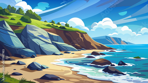 Vector art of a picturesque cartoon beach scene featuring cliffs, rocks, and gentle waves meeting the sandy shore beneath a bright, cloudy sky
