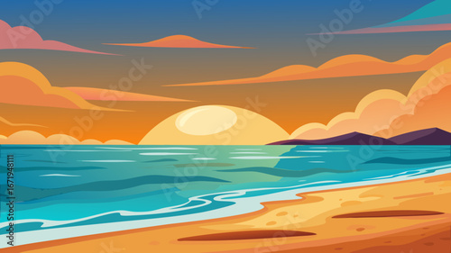Vector art of beautiful sunset over the sea with colorful clouds, creating a serene and peaceful atmosphere on the beach, a perfect tropical vacation getaway