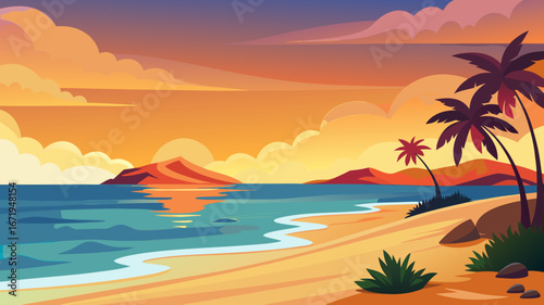 Vector art of a beautiful tropical beach with palm trees at sunset, showcasing a serene and idyllic landscape with warm colors and a tranquil atmosphere