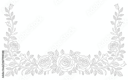 Elegant rose floral border design silhouette isolated on white background