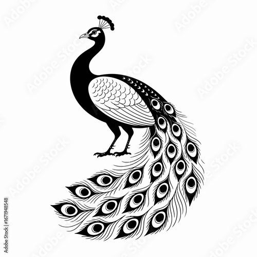 Elegant black peacock silhouette with detailed tail feathers isolated on white background silhouette