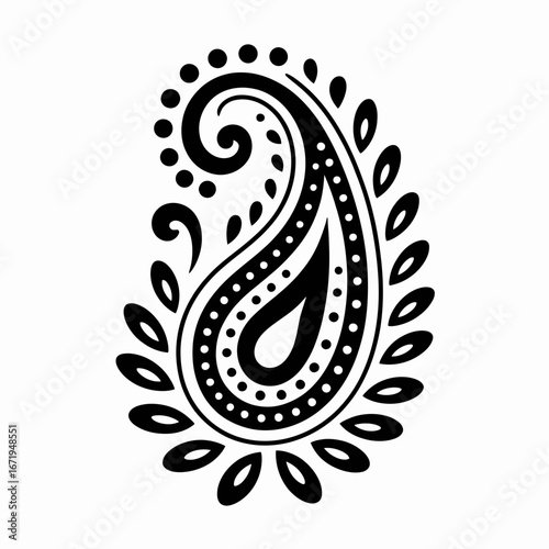 Intricate black paisley motif silhouette isolated on white background