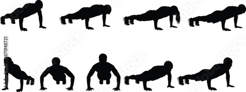 Black silhouette push‑up exercise positions, fitness training variations, bodyweight strength workout, gym illustration, health and endurance, upper body muscles vector