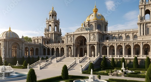 Grand Vintage Palace Exterior with Gardens and Marble Staircase