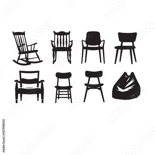 Vector art of assortment of seven black silhouette chairs and a beanbag