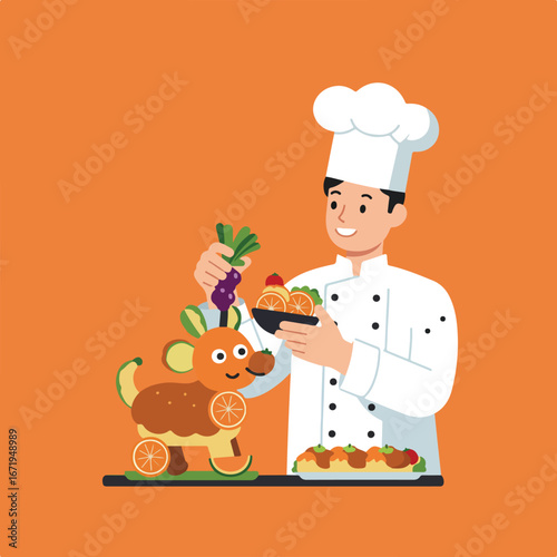 Chef Arranging Fruit Animal at Kitchen Counter