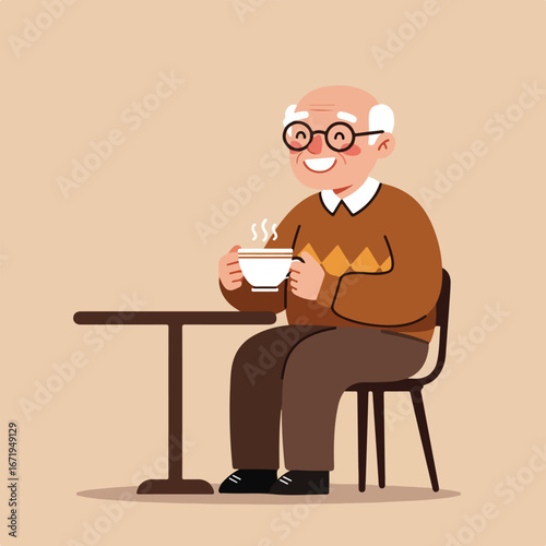 Elder Man Enjoying Hot Beverage at Table