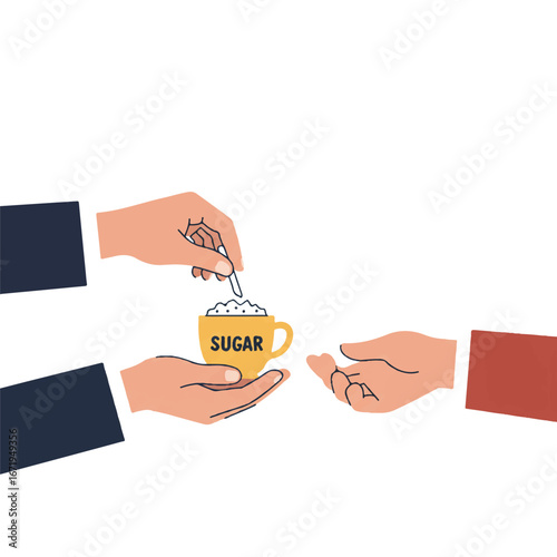 Hand offers sugar in a cup to another hand, symbolizing assistance and generosity in a simple, clean style.