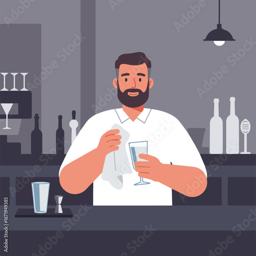 Bartender Wiping Glass at Bar