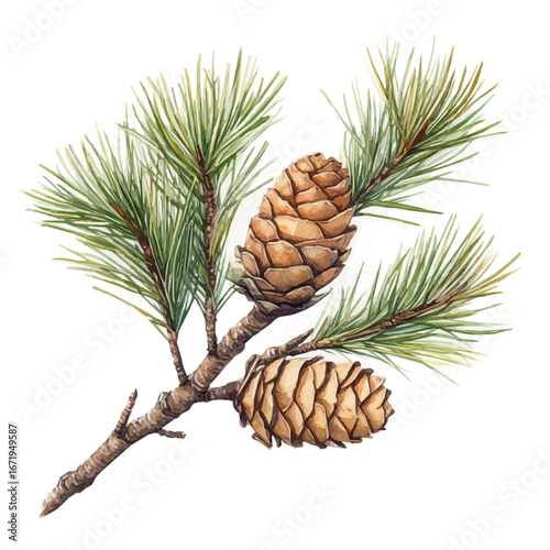 Winter Pine Branch, watercolor vector, isolated on a white background.