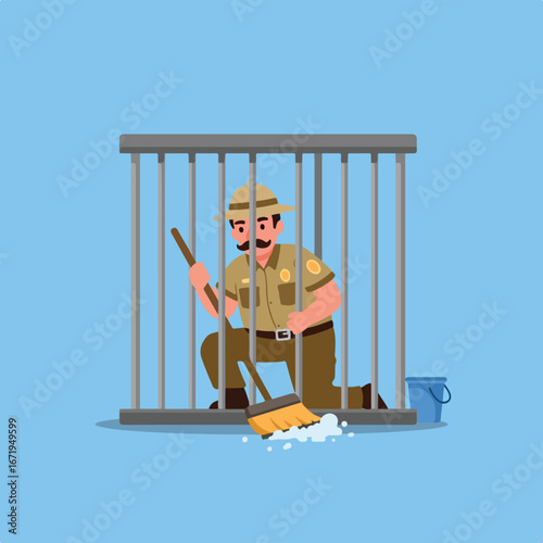 Custodian Sweeping Inside Cage
