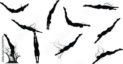 Diver silhouettes in various dive stages, jumping, midair, water entry, splash effect, swimming sport, aquatic motion, athletic design, vector illustration