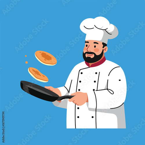 Cook Flipping Pancakes in Frying Pan Against Blue Background