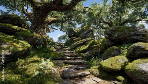 Moss-covered rocks and ancient steps lead through a sunlit forest