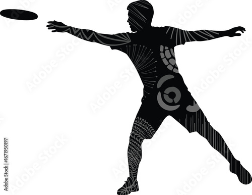 Flying disc throw silhouette with tribal patterns, dynamic sports vector, ultimate Frisbee illustration, artistic motion design, athletic action, outdoor recreation