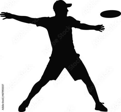 Flying disc throw silhouette, sports vector illustration, ultimate frisbee player action pose, dynamic outdoor recreation concept, athletic motion, game activity design