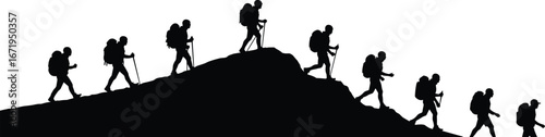 Group of hikers silhouettes, backpacks and walking sticks, mountain terrain, team trekking, outdoor adventure, travel exploration, nature journey, vector illustration art