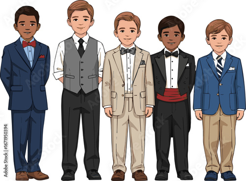 Create a kinds of deferent boy kids formal dress vector art with white background.