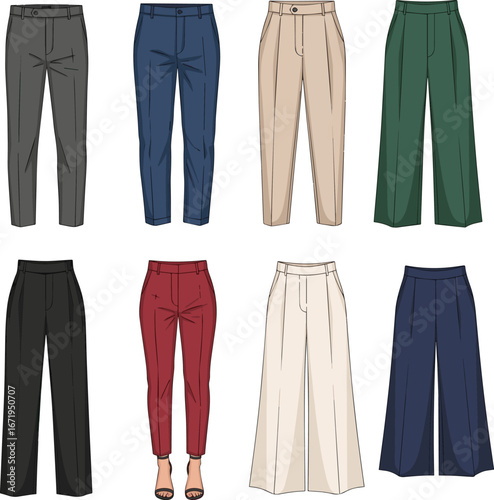Create a kinds of deferent formal pant vector art with white background.