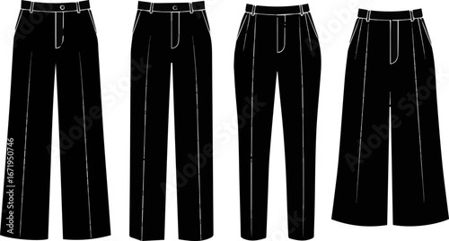 Create a kinds of deferent formal pant vector art silhouette with white background.