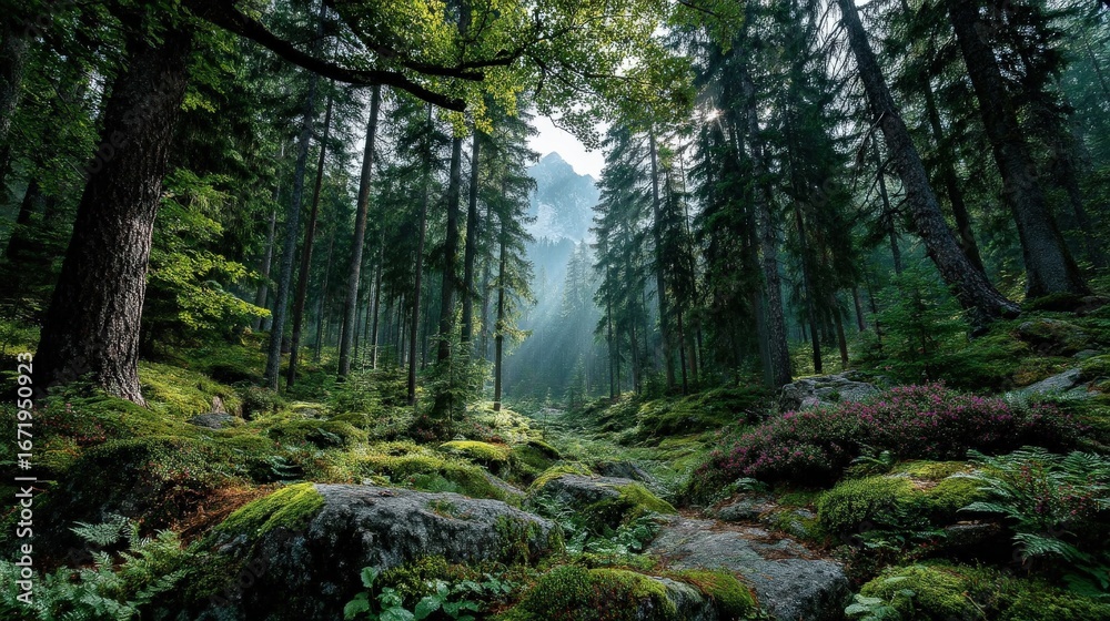 Fototapeta premium A dense, misty forest with tall trees and mosscovered rocks, creating a serene and atmospheric natural landscape
